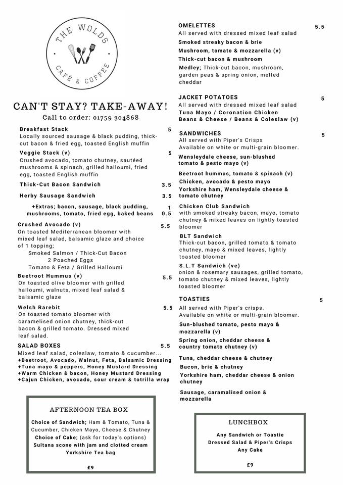 Menu at The Wolds Café cafe, Pocklington