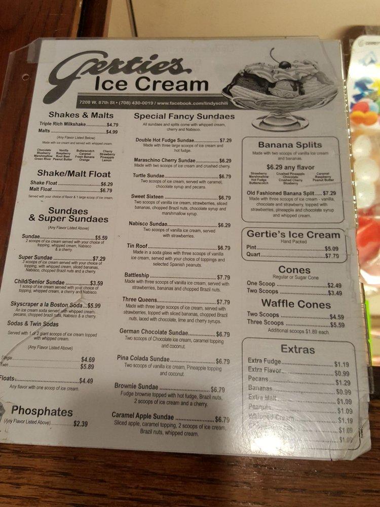 Menu at Lindy's Chili & Gertie's Ice Cream restaurant, Bridgeview, W
