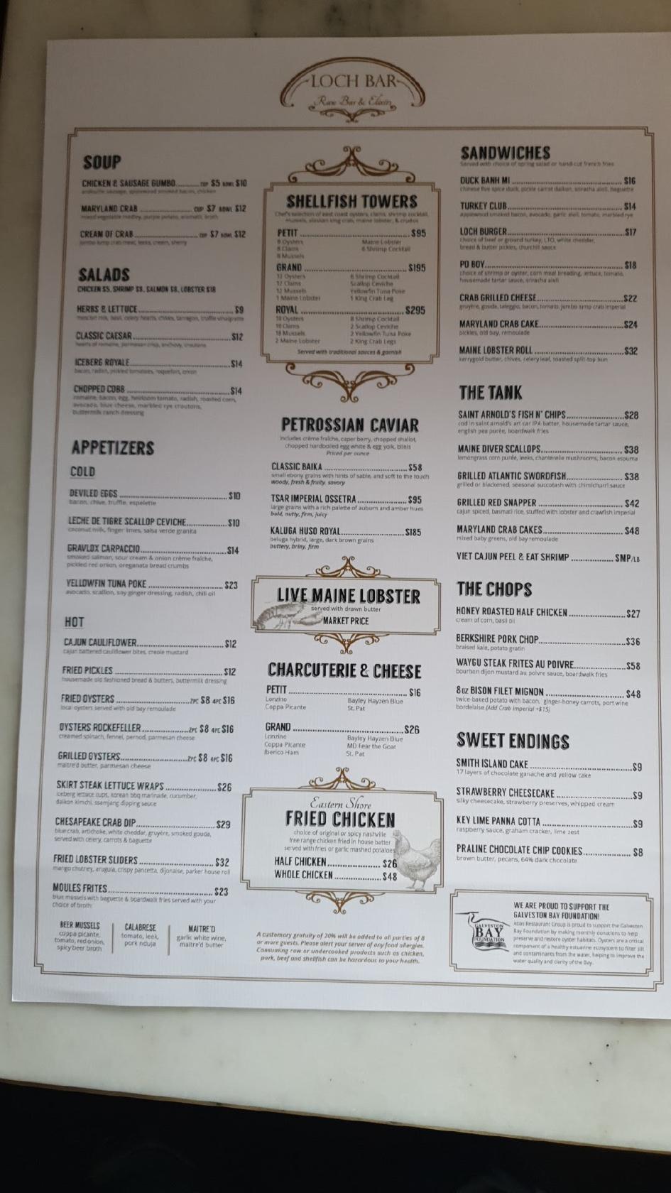 Menu at Loch Bar, Houston