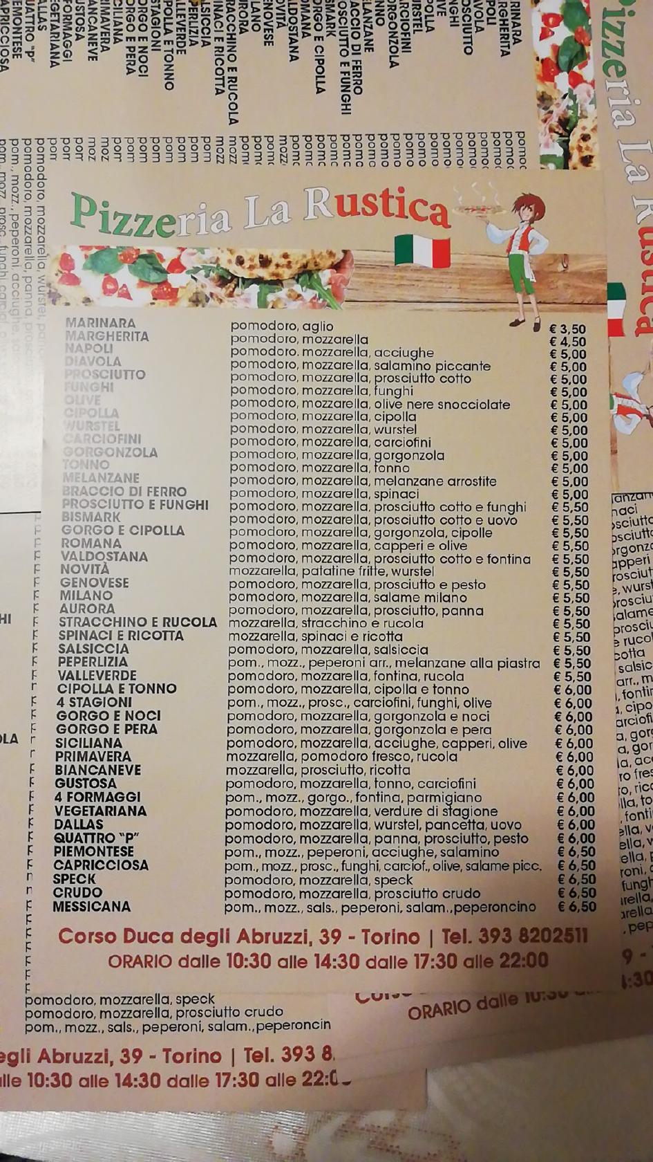 Menu at Pizzeria La Rustica, Turin, Corso Duca degli Abruzzi