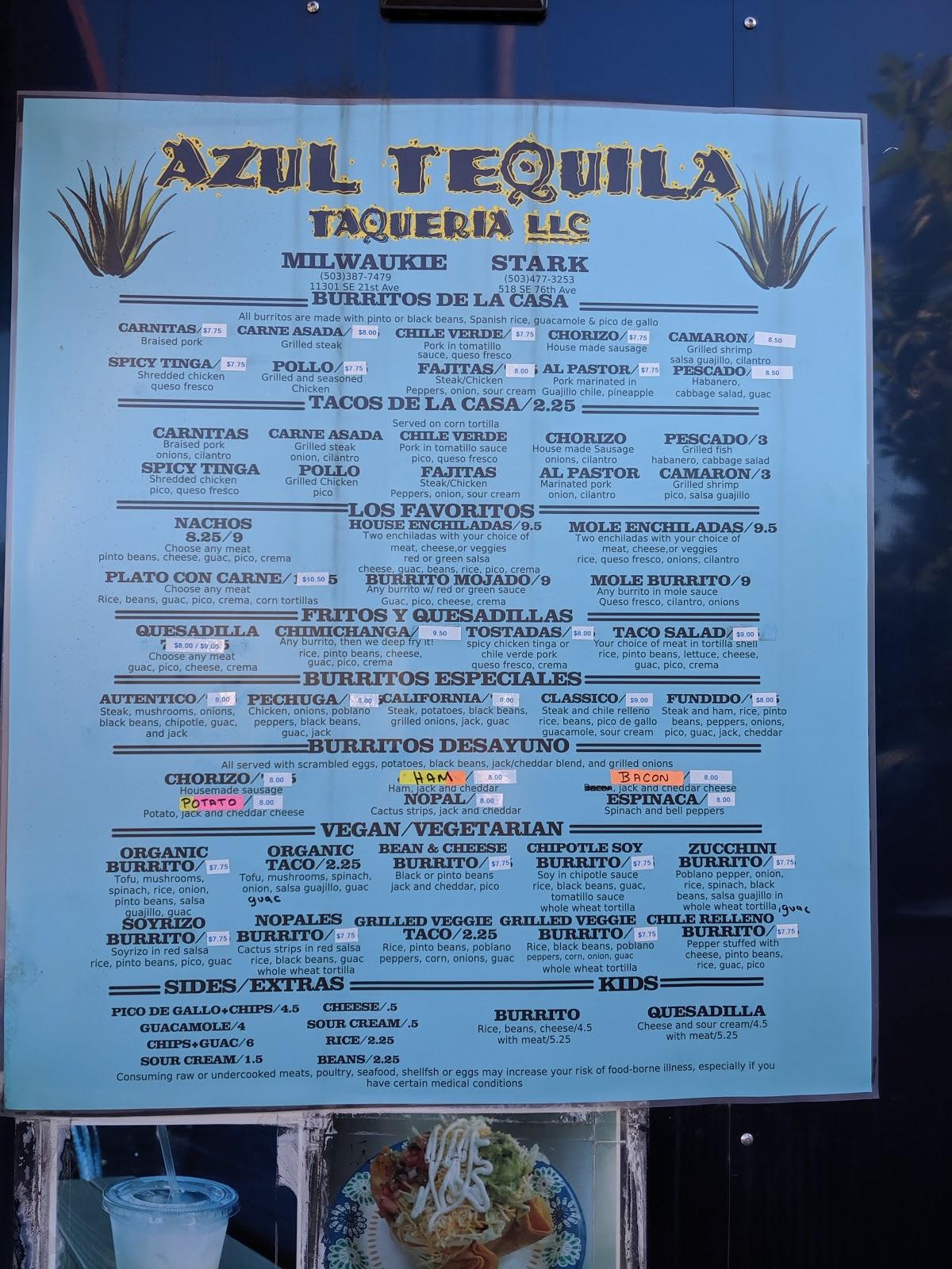 Carta del restaurante Azul Tequila Taqueria, Portland, SE Powell Blvd