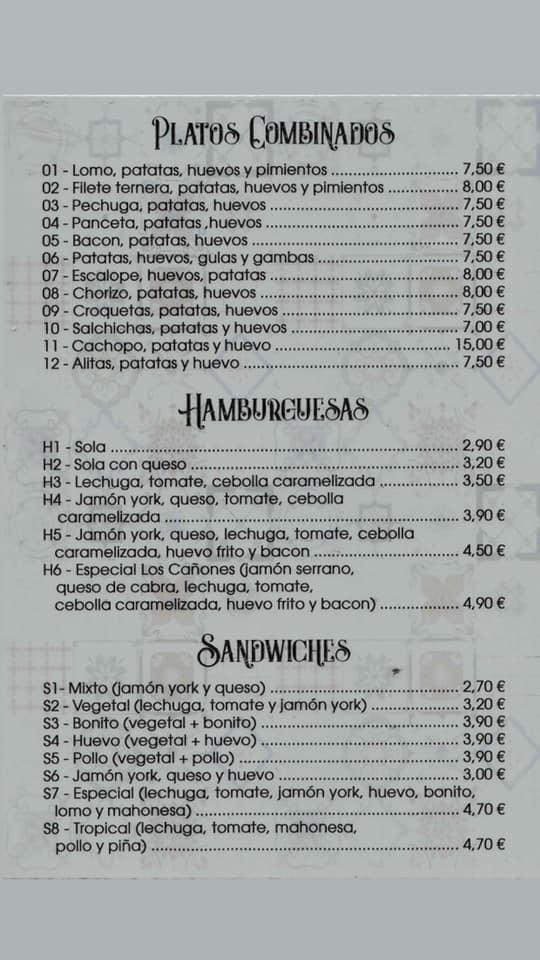Carta de Bar Y Restaurante Los Cañones, La Cavada
