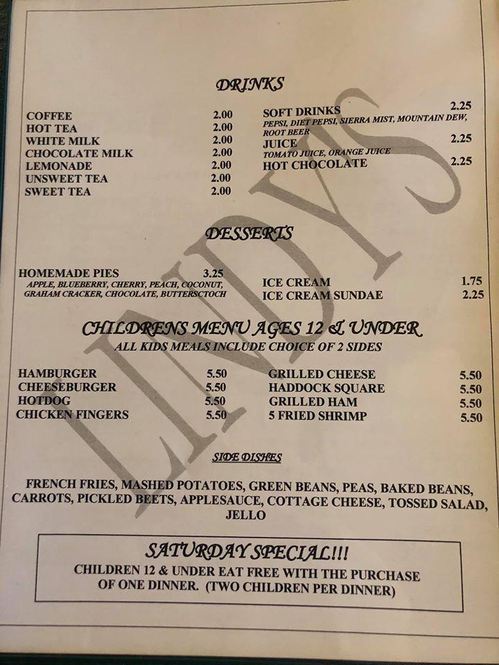 Menu at Lindy's Restaurant, Cumberland