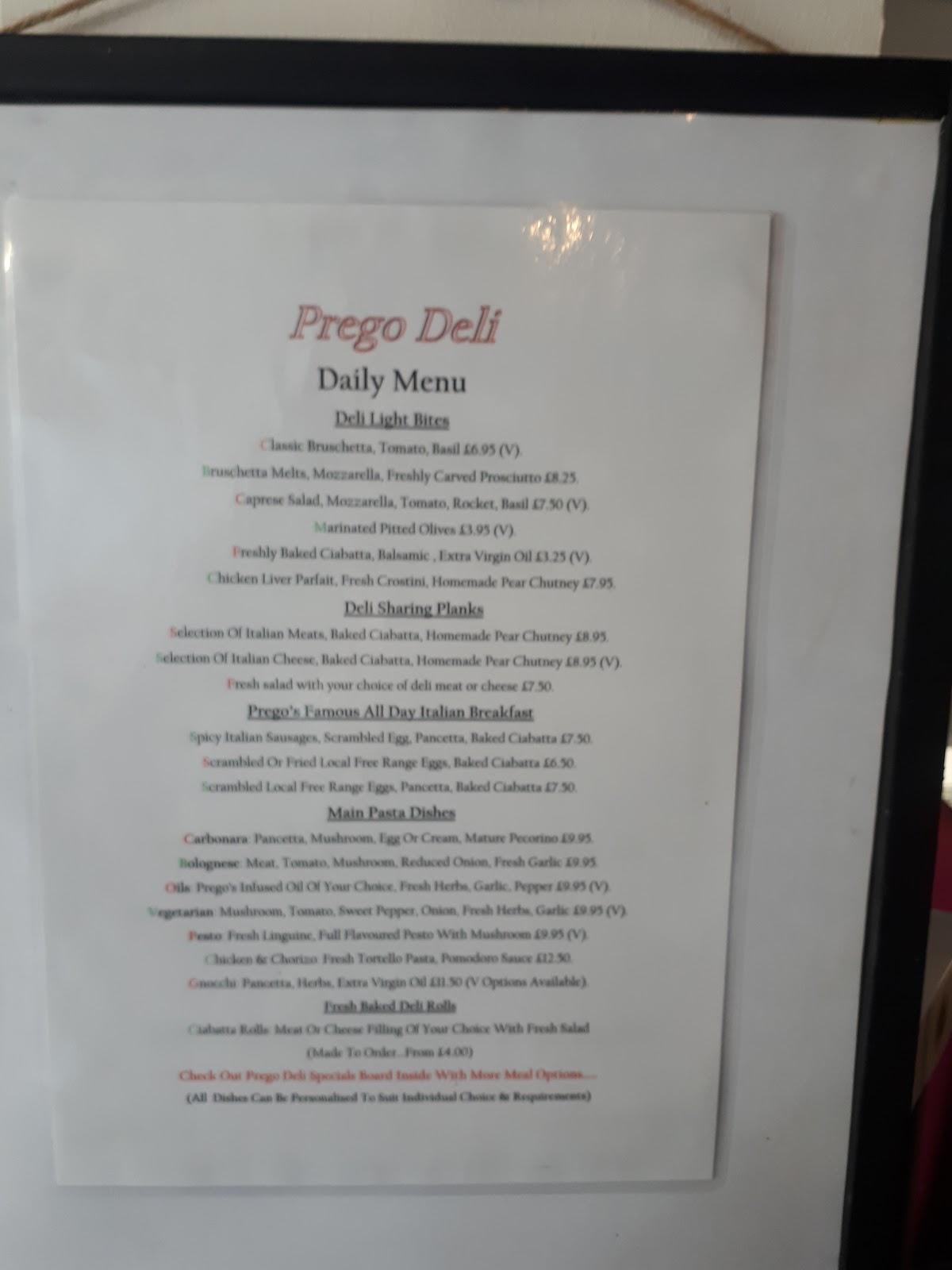 Menu at Prego Dining & Deli restaurant, Stockbridge