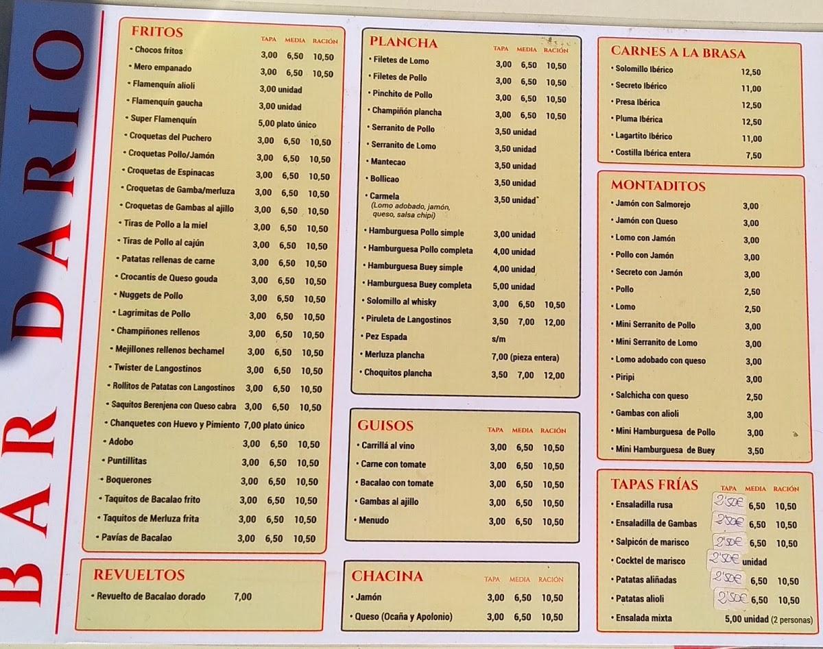 Menu at Bar darío, Camas