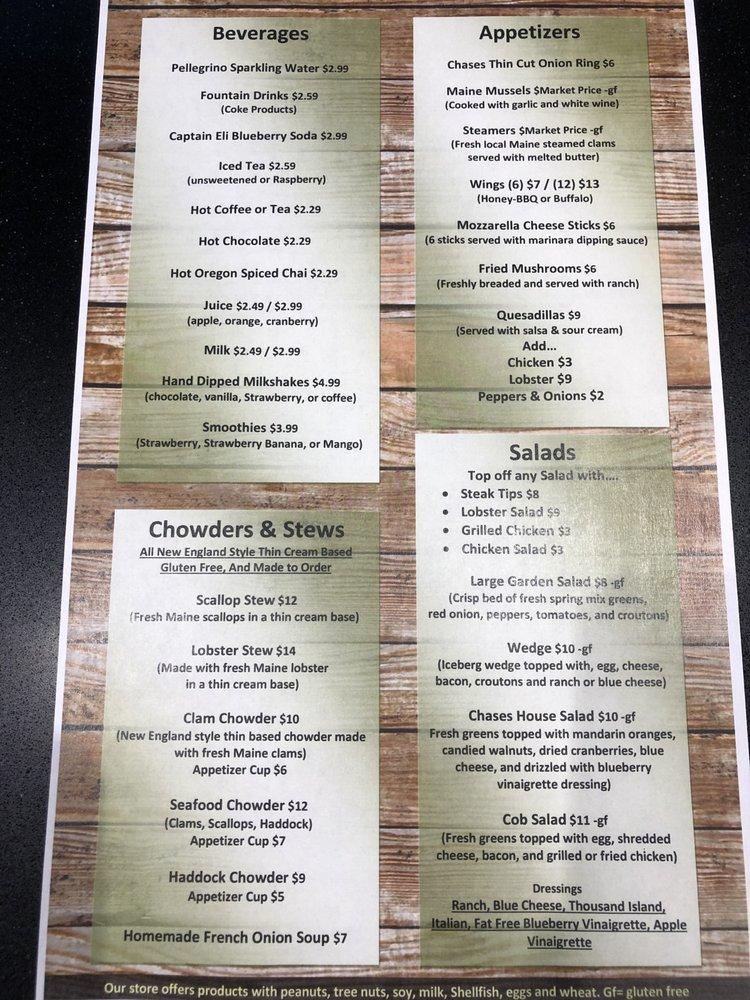 Menu At Chase's Restaurant, Winter Harbor