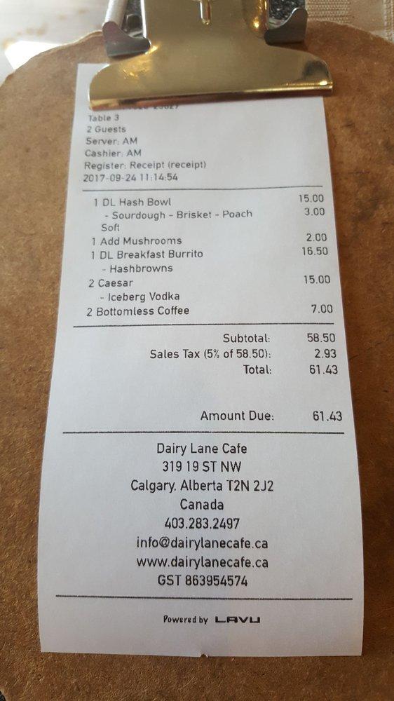 Menu at Dairy Lane Cafe, Calgary