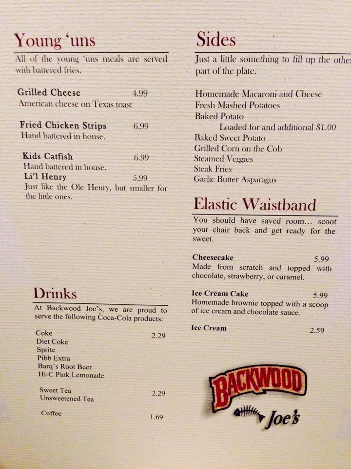 Menu at Backwood Joe's restaurant, Petal