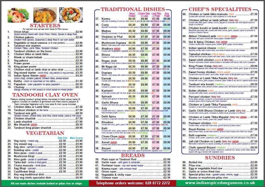 Menu at Indian Spice Takeaway Dungannon fast food, Dungannon
