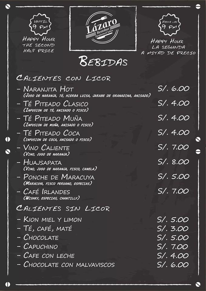 Menu at Lázaro Restobar, Puno