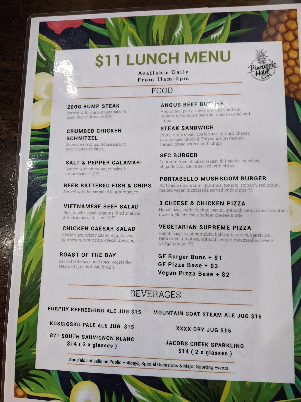 Menu at Pineapple Hotel pub & bar, Kangaroo Point, 706 Main St