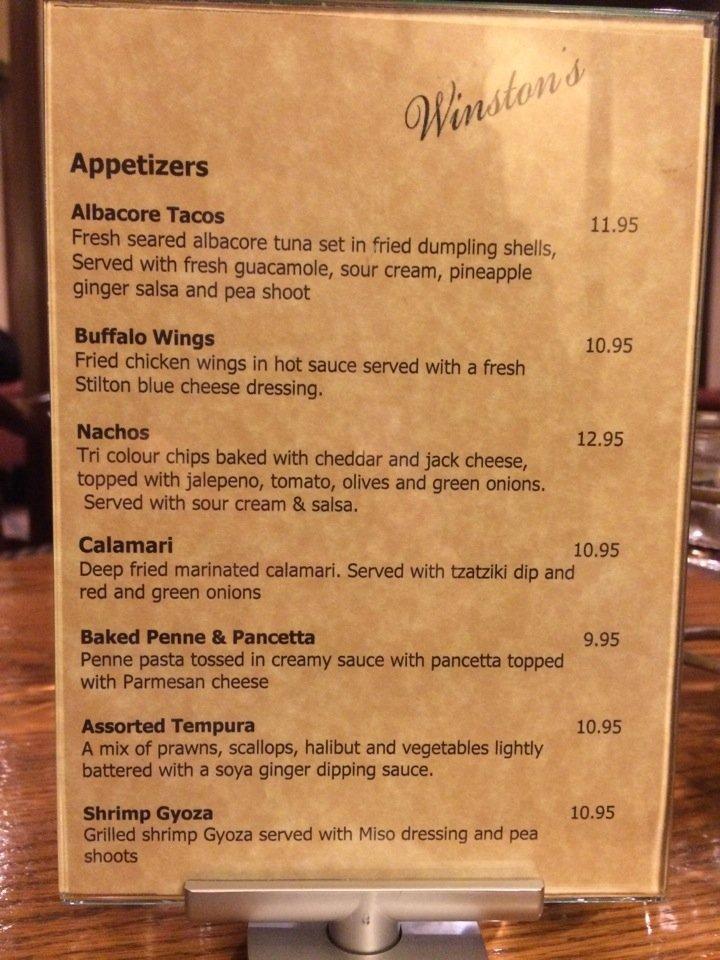 Menu at Winston’s RestoBar, Prince