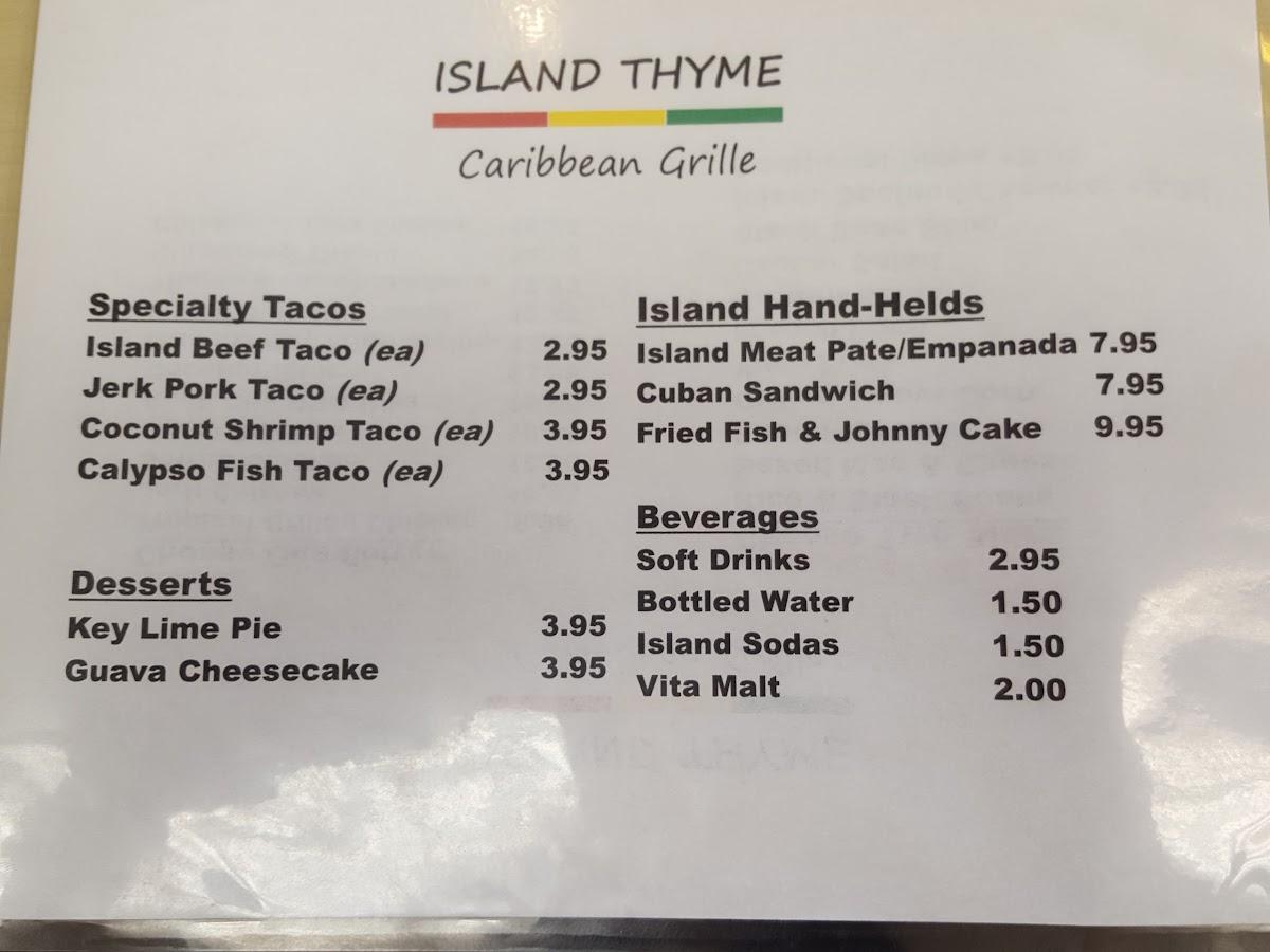 Menu at Virgin Island Thyme restaurant, Orlando