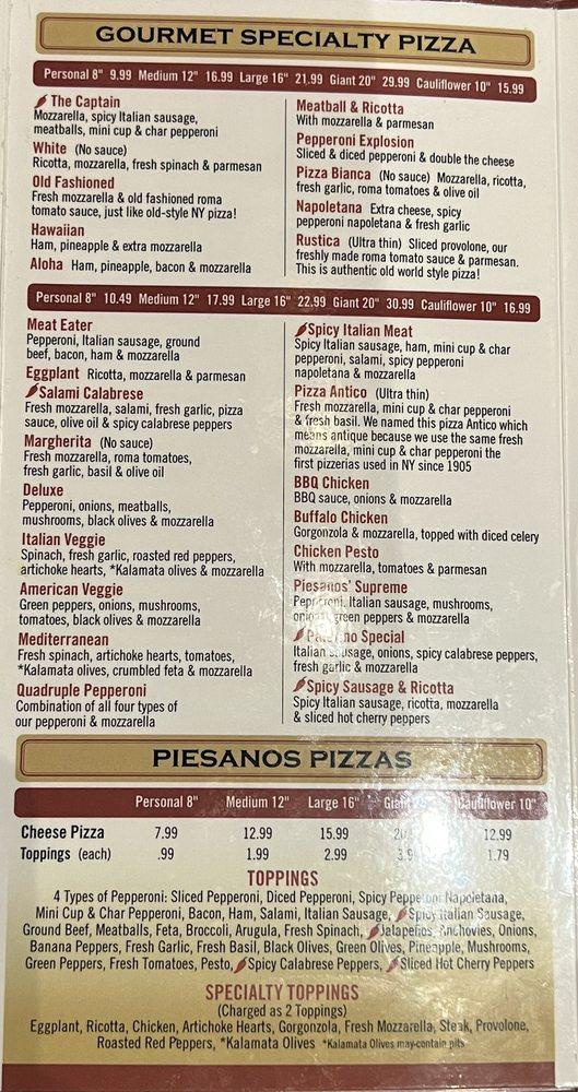 Menu At Piesanos Stone Fired Pizza Pizzeria The Villages