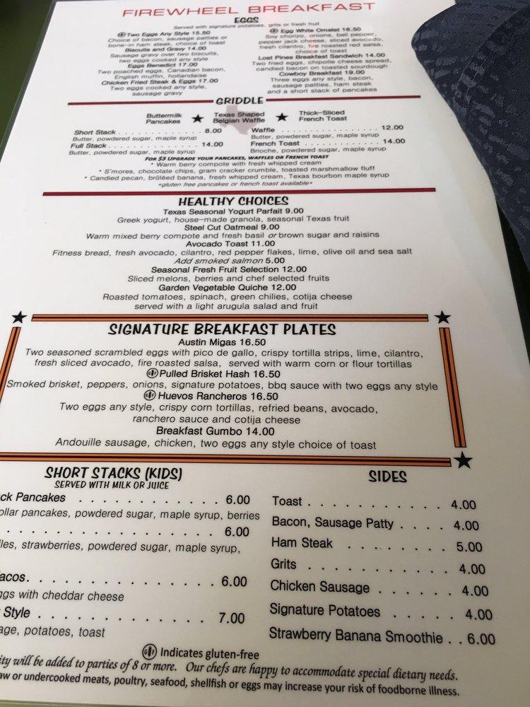 Menu at Firewheel Cafe at Hyatt Regency Lost Pines Resort and Spa, Wyldwood
