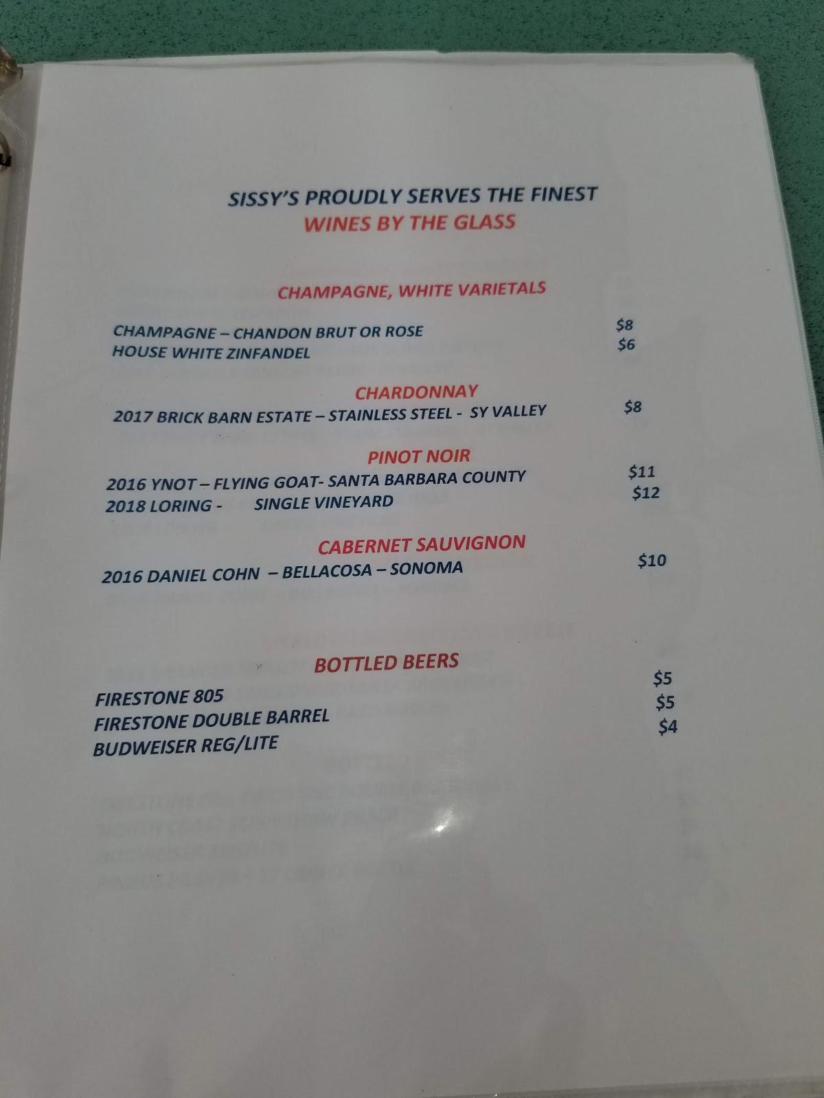 Carta de Sissy's Uptown Cafe, Lompoc