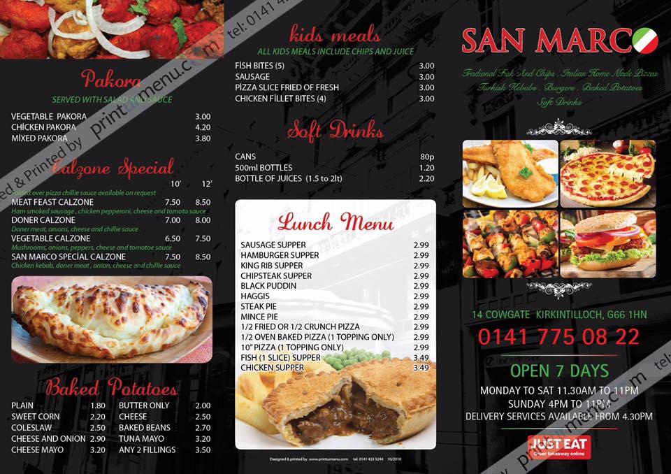 Menu at San Marco Kirkintilloch restaurant, Kirkintilloch