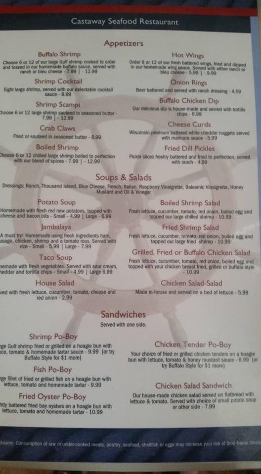 Menu at Castaway Seafood Restaurant, Bonifay