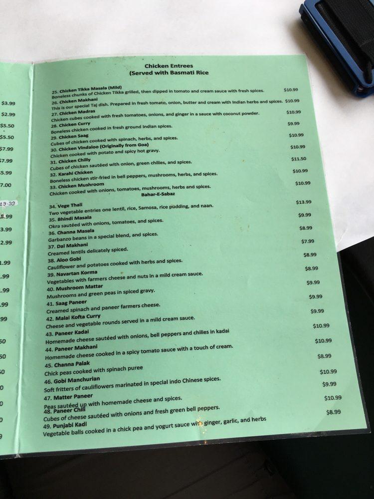 Menu at Taj Mahal Cuisine of India restaurant, Cedar Rapids