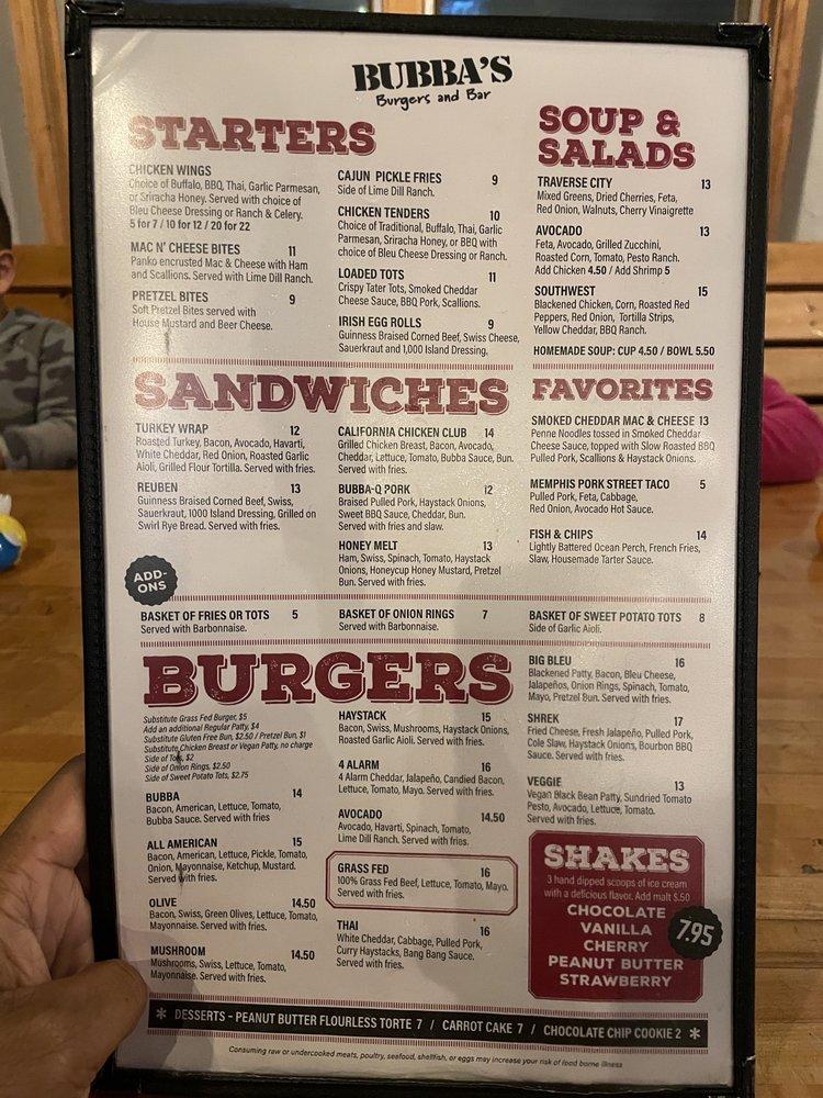 Menu at Bubba's pub & bar, Traverse City