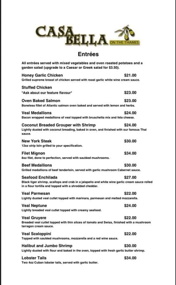 Menu at Casa Bella Restaurant, Chatham-Kent
