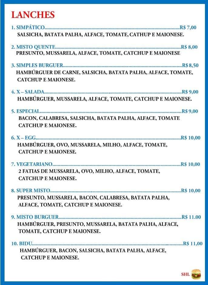 SHL Lanches Parapuã SP cardápio