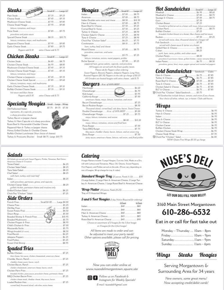 Menu at Nuse's Deli restaurant, Morgantown