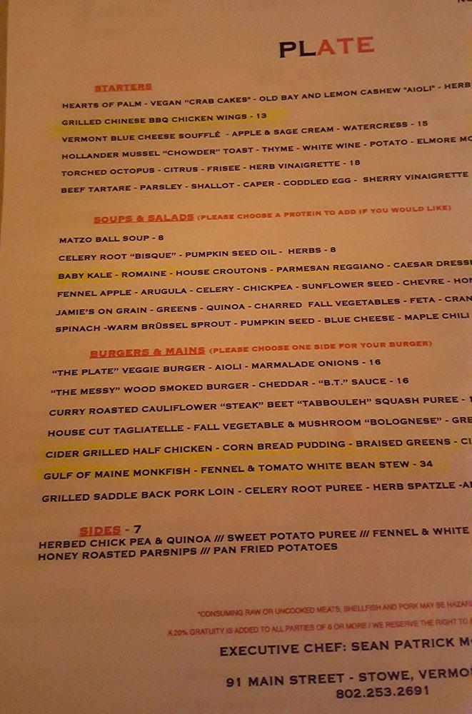 Menu at Plate restaurant, Stowe