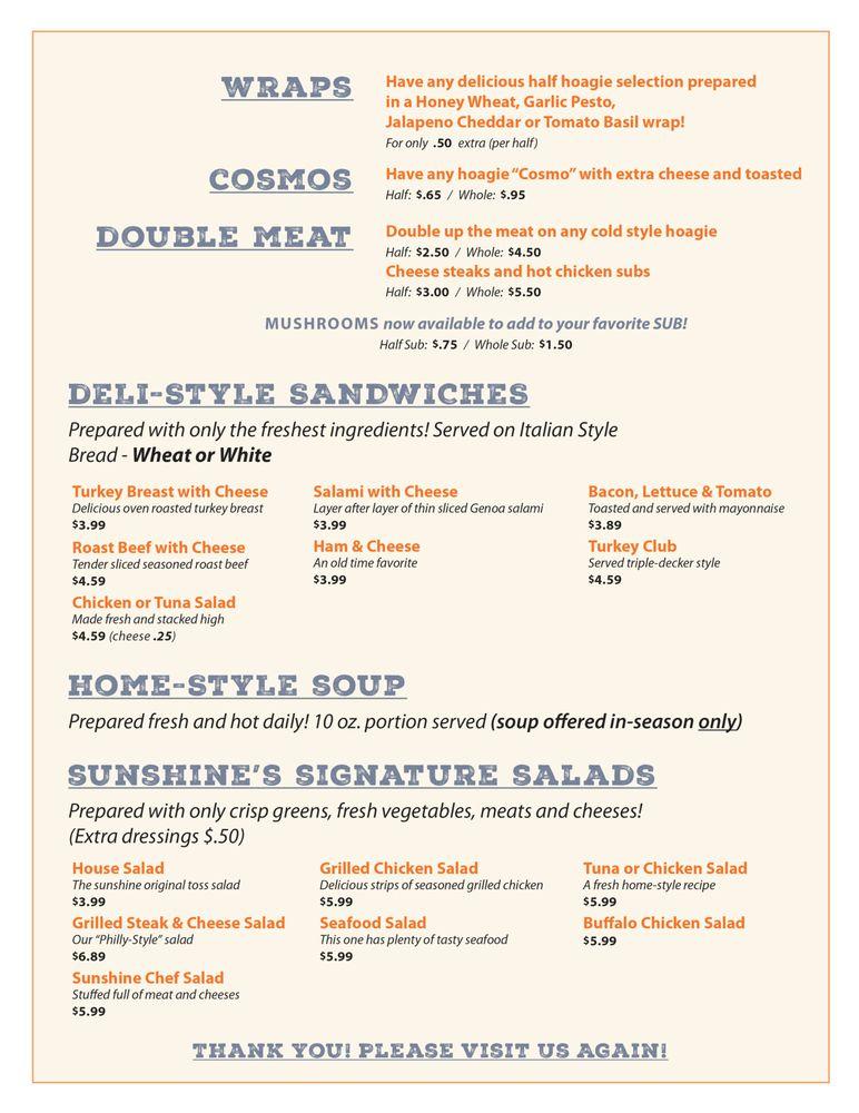 Menu at Sunshine 6Packs and Subs pub & bar, Montoursville