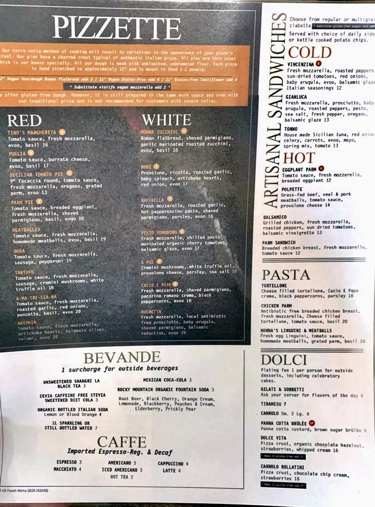 Menu at Tino's Artisan Pizza Co. pizzeria, Montclair