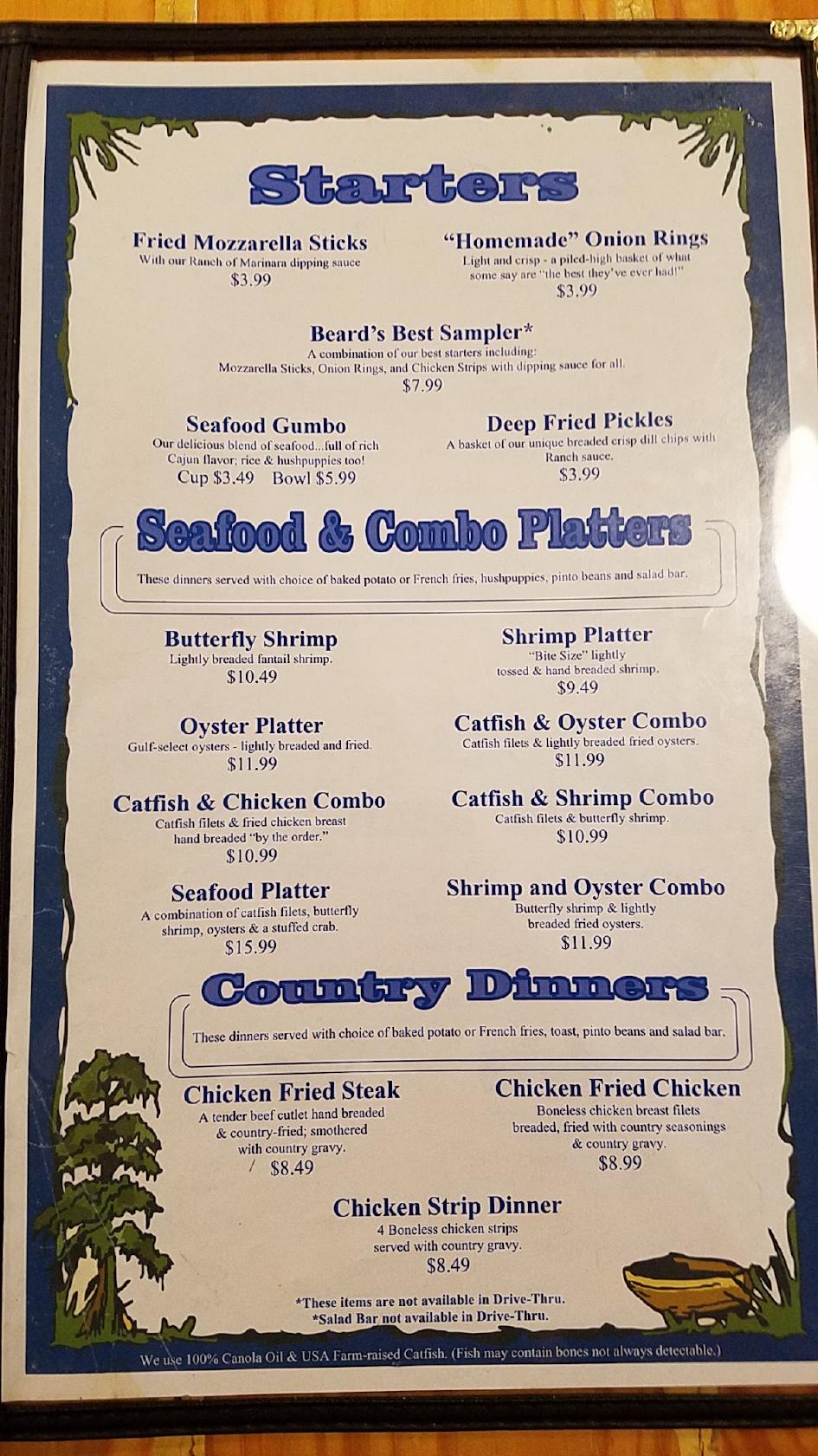 Menu at David Beard's Catfish King restaurant, Livingston, US59 Loop N