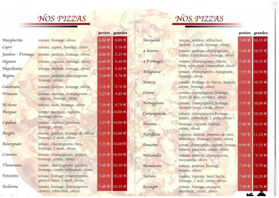 Menu at Pizzeria le Venise, Seyssel