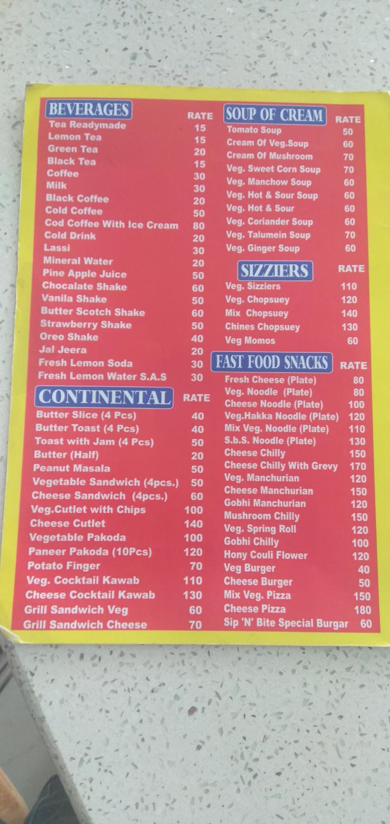 Menu at Sip 'N' Bite, Kathgarh