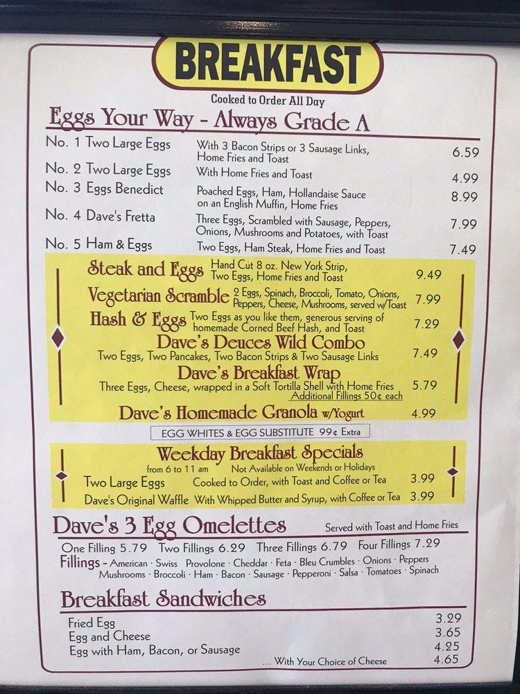 Menu at Dave's Diner restaurant, Manlius