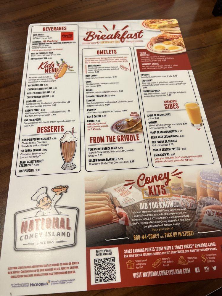 Menu at National Coney Island restaurant, Fraser