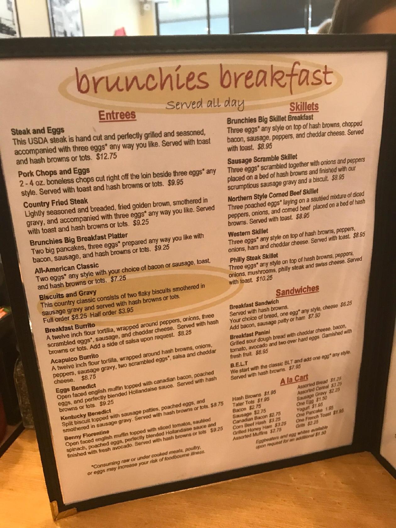 Menu at Brunchies restaurant, Carmel, N Meridian St