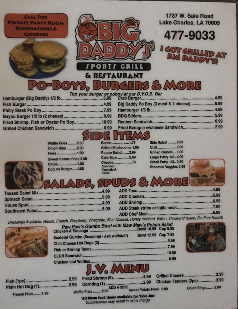 Menu at Big Daddy's Sports Grill restaurant, Lake Charles