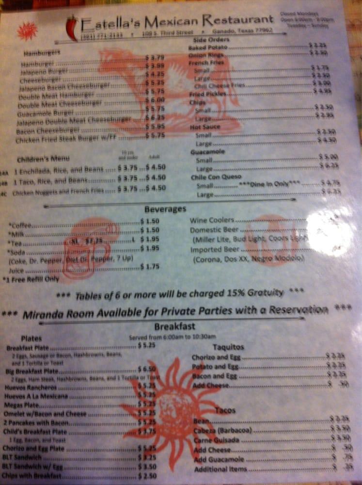Menu at Estella's Mexican Restaurant, Ganado