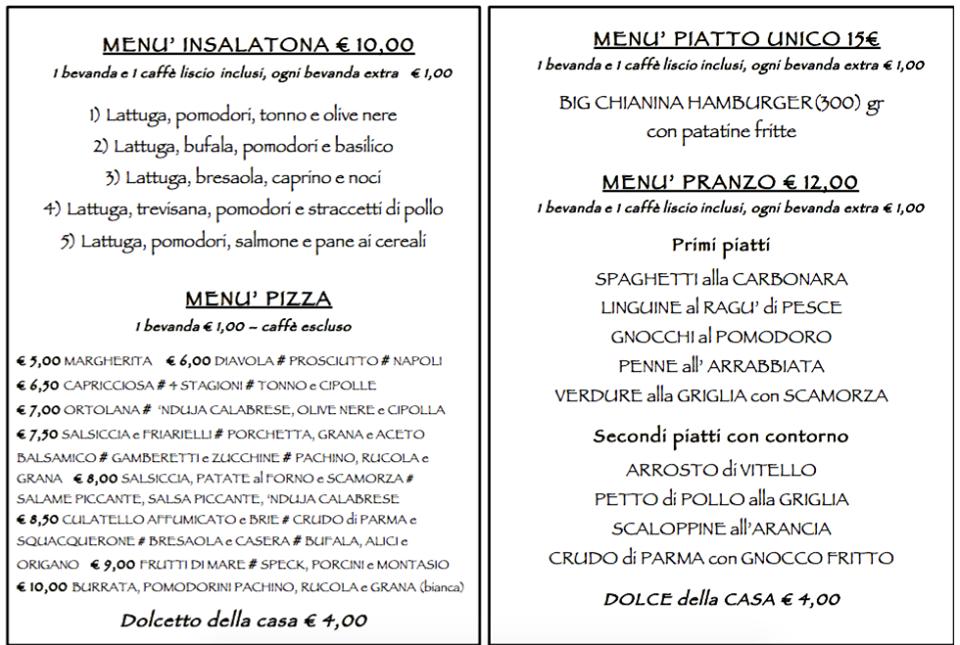 Menu di Trattoria Pizzeria Il Timone 