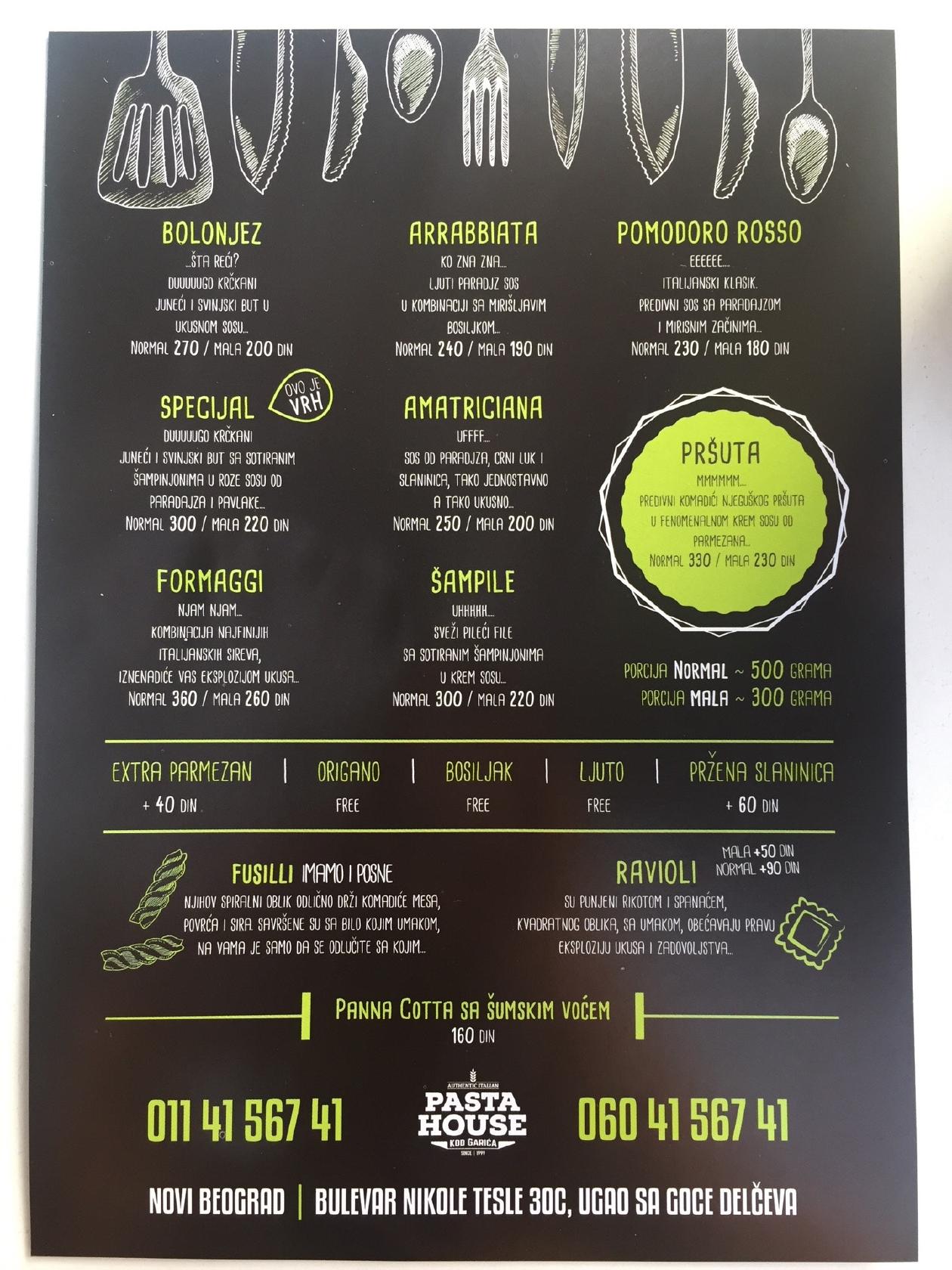 Menu at Pasta House kod Garića restaurant, Belgrade