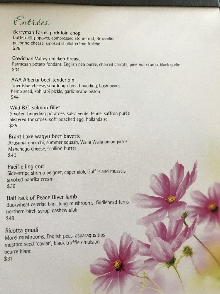 Menu at The Dining Room at Butchart Gardens restaurant, Brentwood Bay