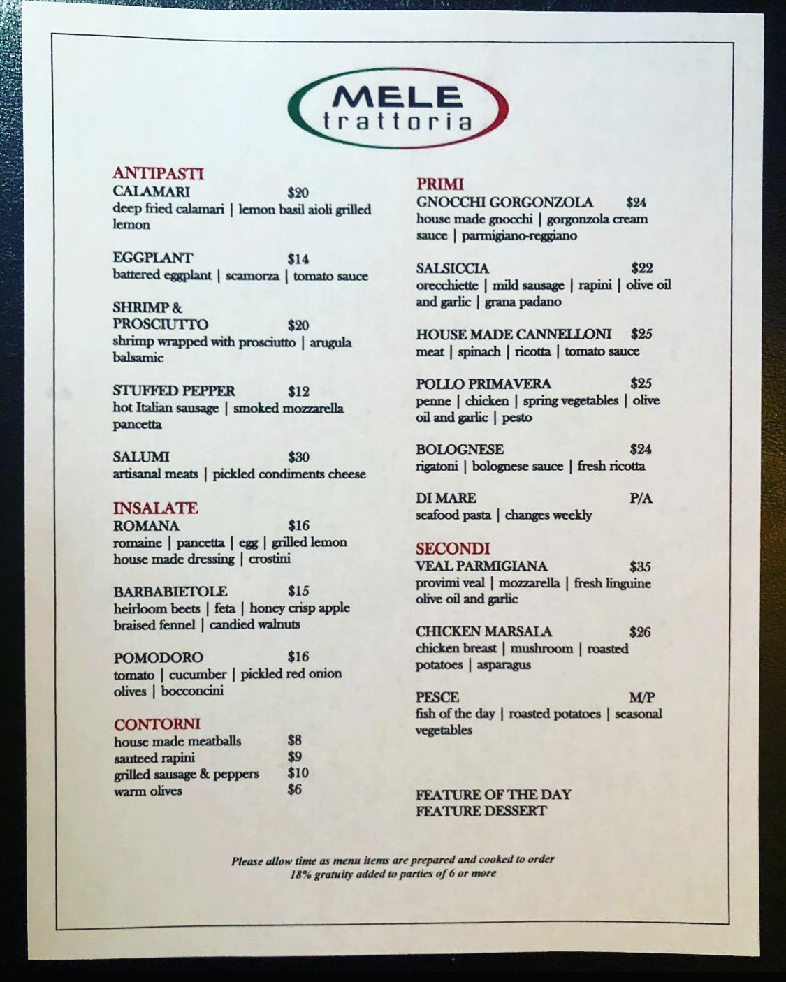 Menu at Mele Trattoria restaurant, St. Catharines
