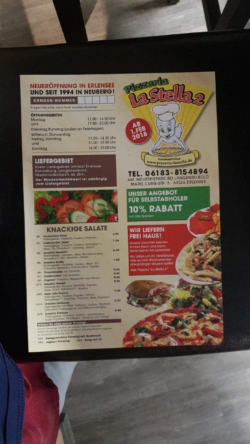 Speisekarte von Pizzeria la Stella, Neuberg