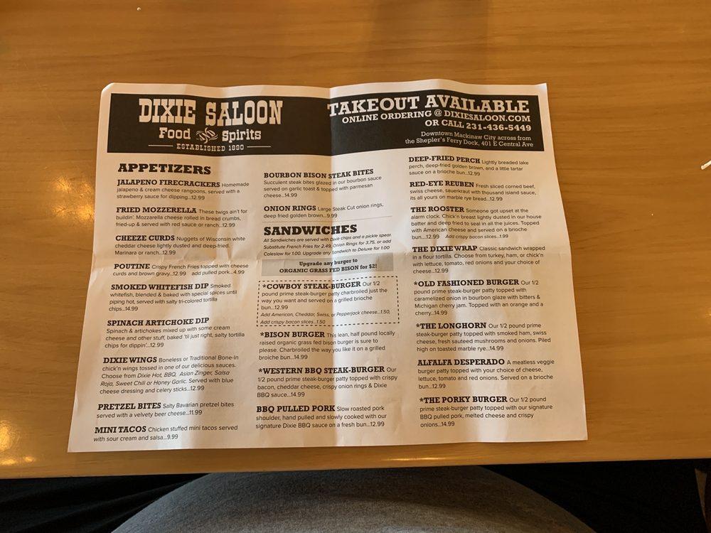 Menu at Dixie Saloon pub & bar, Mackinaw City, 401 E Central Ave