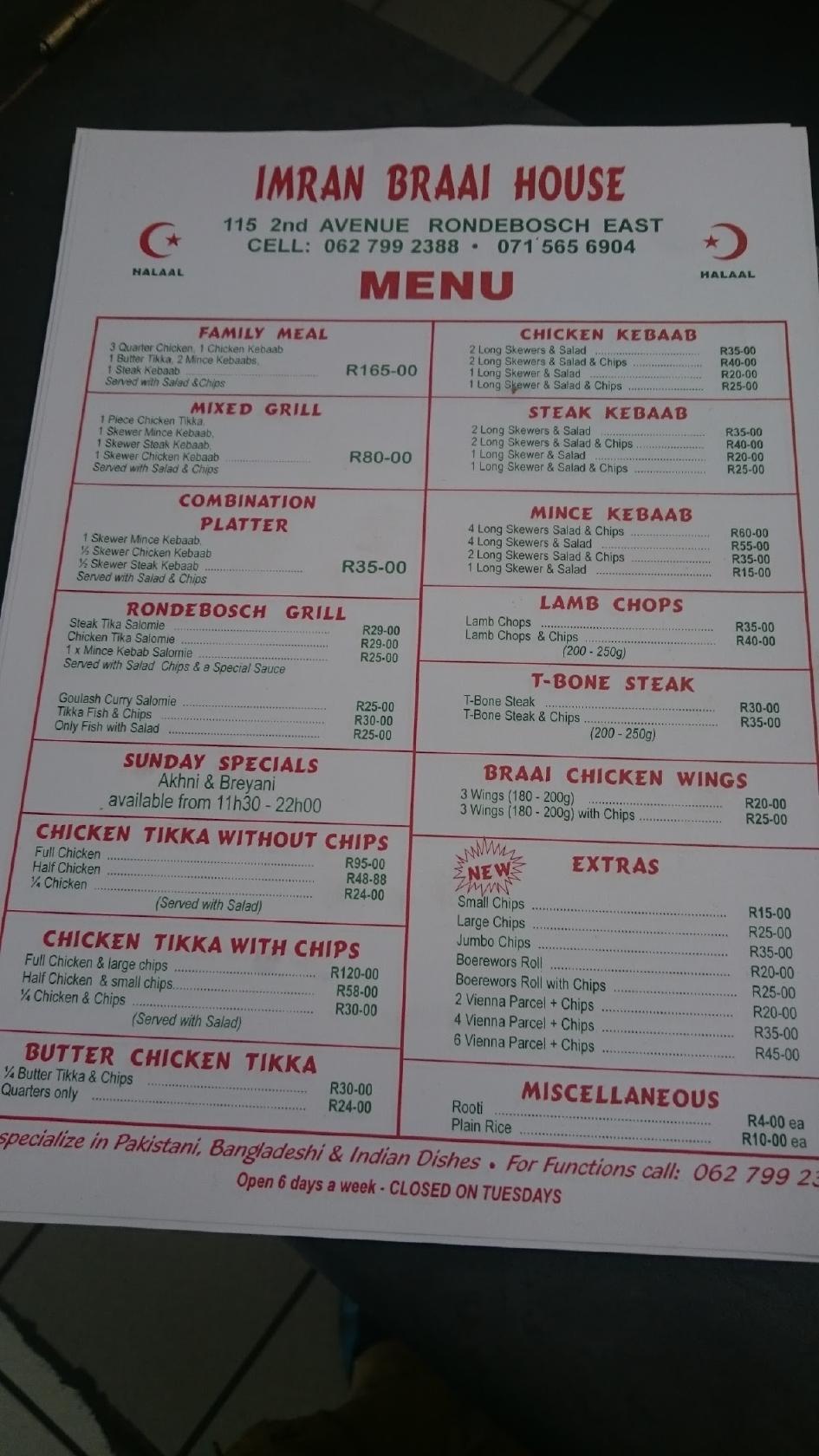 Carta del restaurante Imrans Braai House, Ciudad del Cabo
