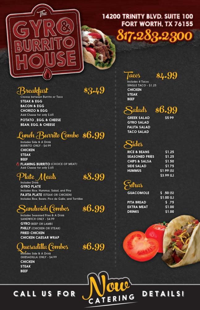 Menu at Gyro & Burrito House restaurant, Fort Worth