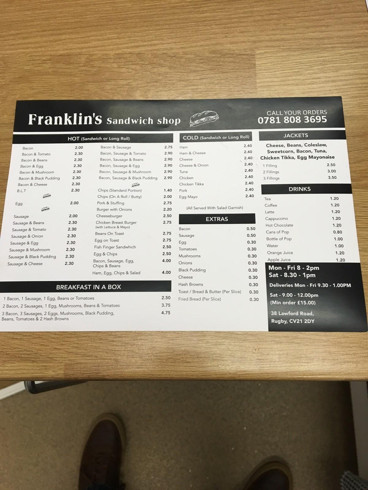 Menu at Franklin's Sandwich Shop fast food, Rugby