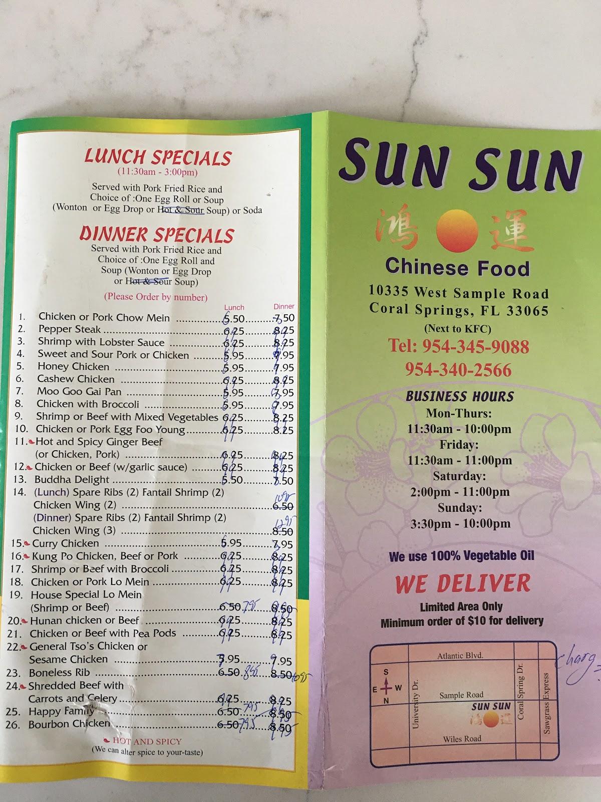 Menu at Sun Sun Chinese TakeOut restaurant, Coral Springs