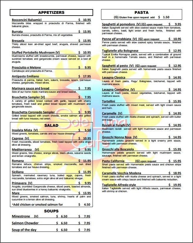 Menu at SoleLuna Cafe, San Diego