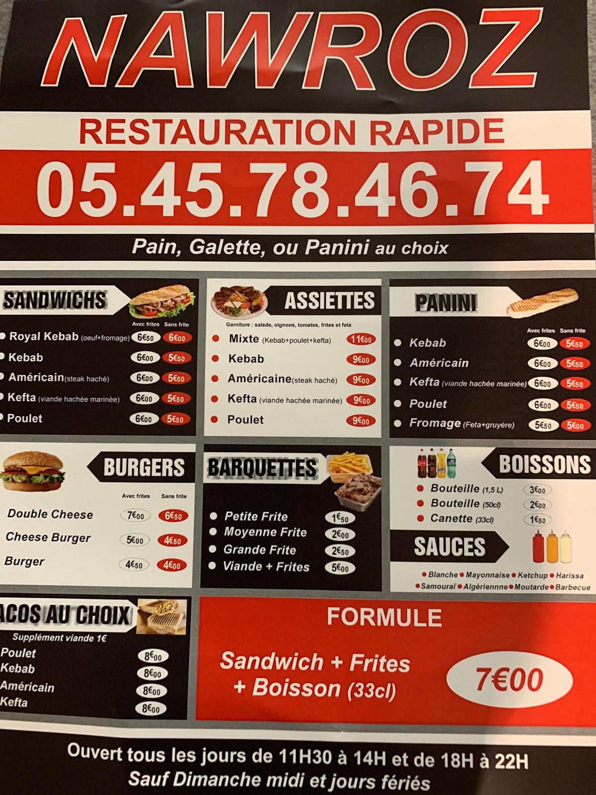 Menu au Kebab NAWROZ restaurant, BarbezieuxSaintHilaire